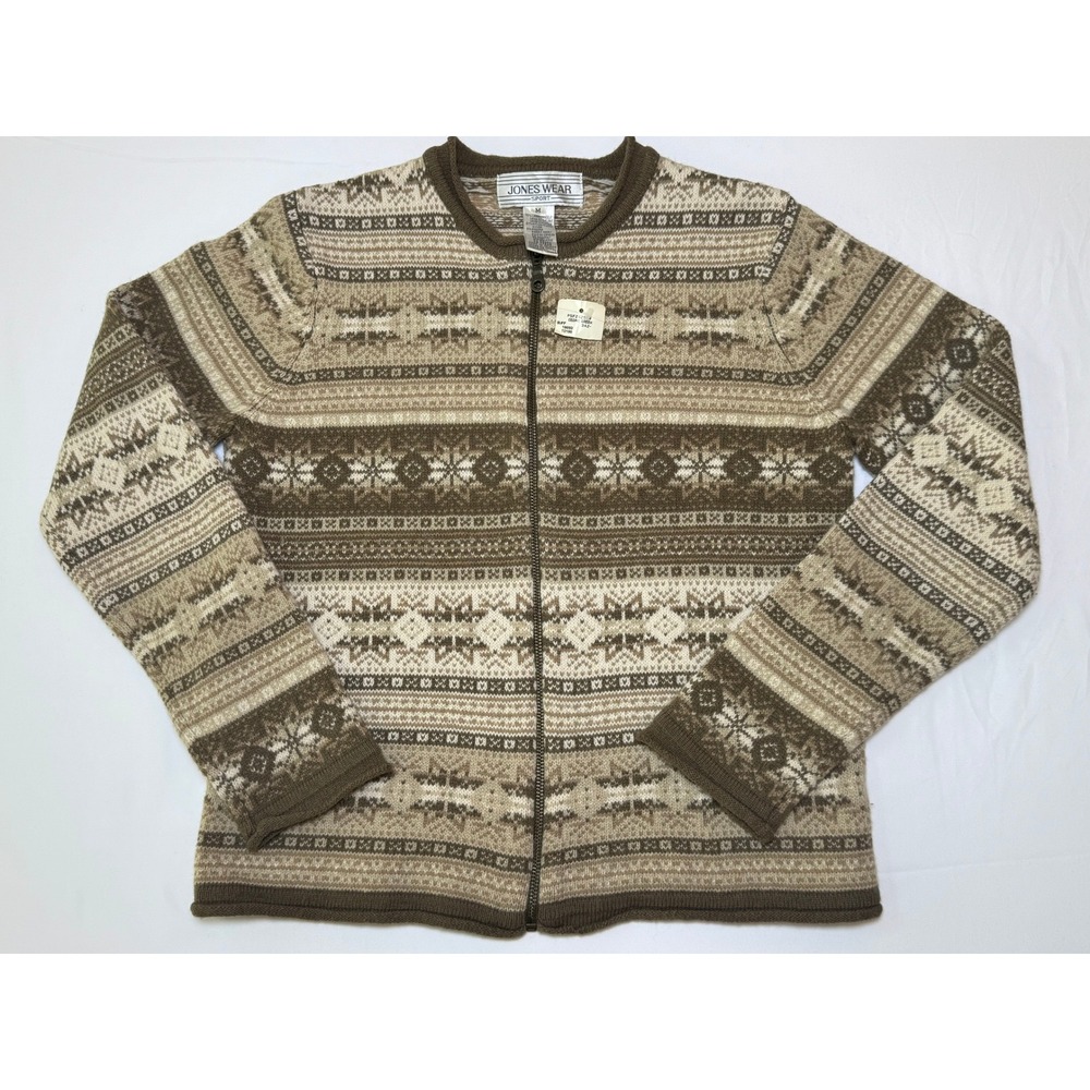 Vintage 90s Lambswool Fair Isle Sweater Zip Cardigan M Nordic Grandmacore